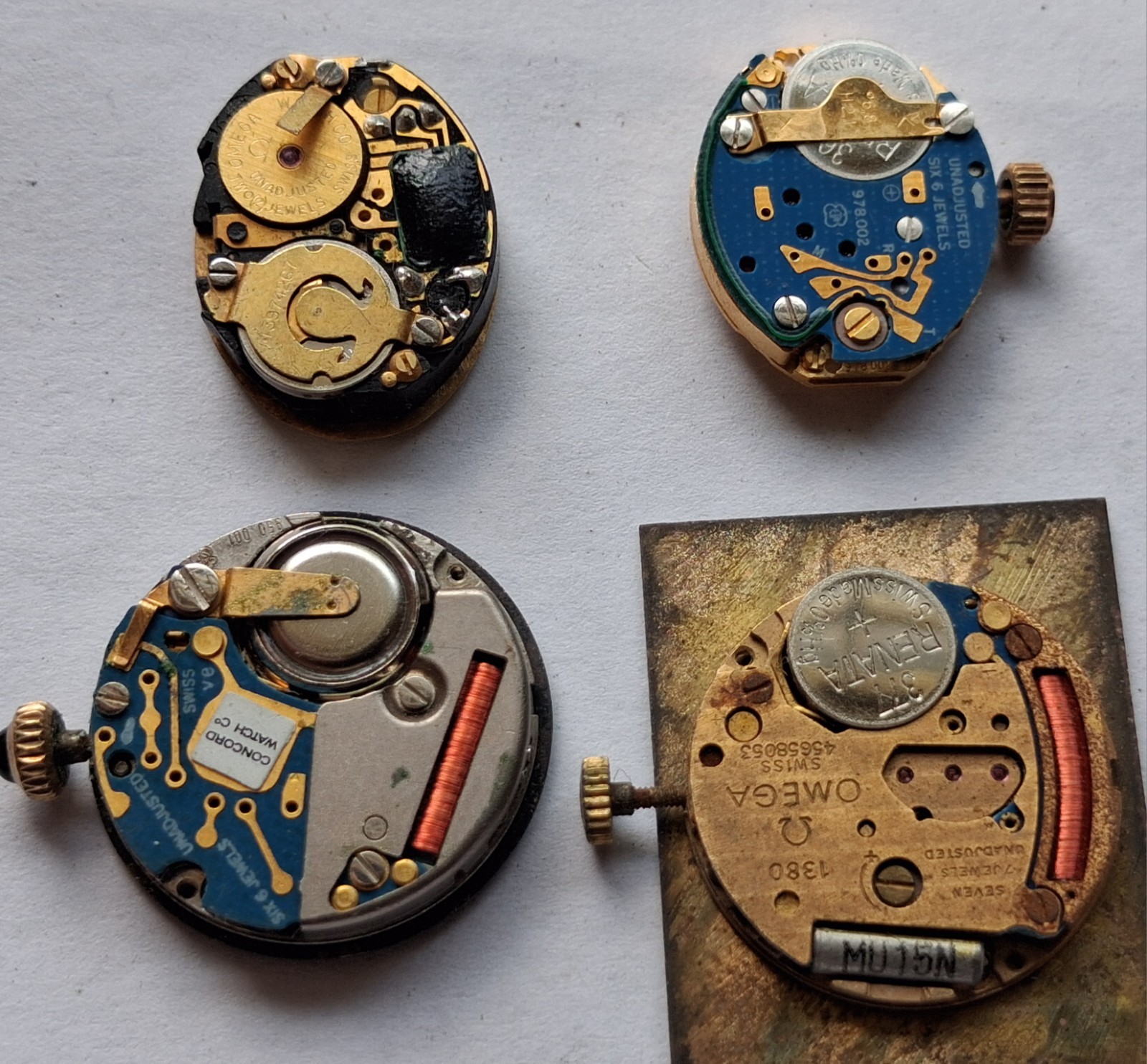 Four Quartz movements Omega 1380,1350.Concord 950 001 ,ETA 978 002