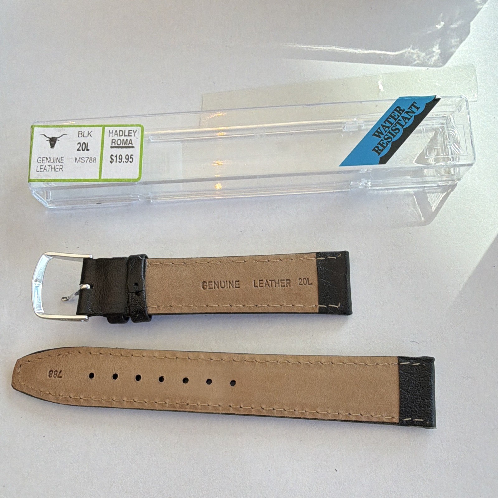 Hadley-Roma MS788 Black Leather Watch Band 20L Water Resistant Universal