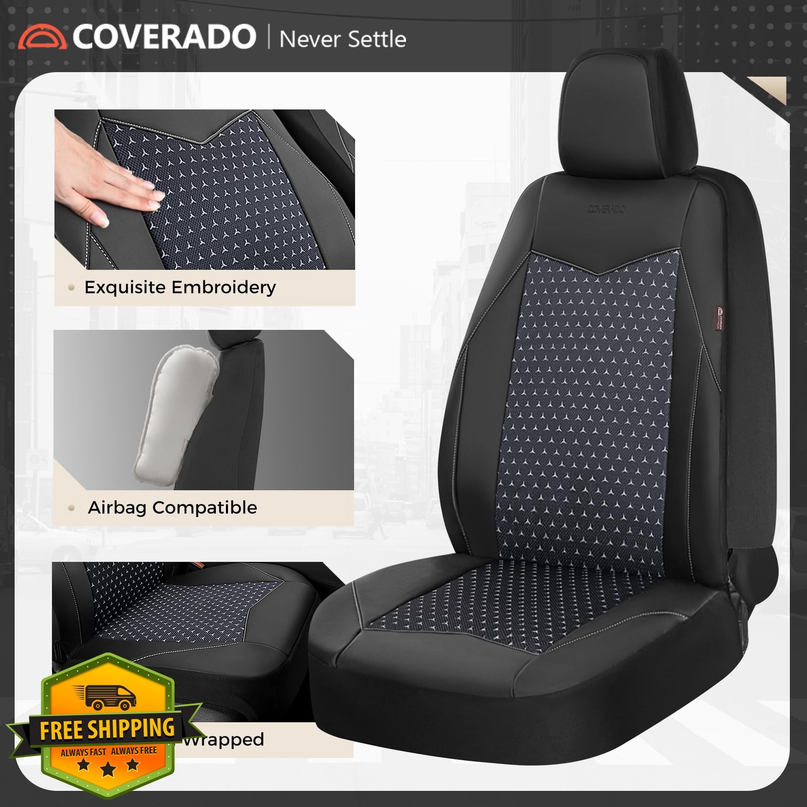 Coverado Black Front Seat Cover Mesh Leather