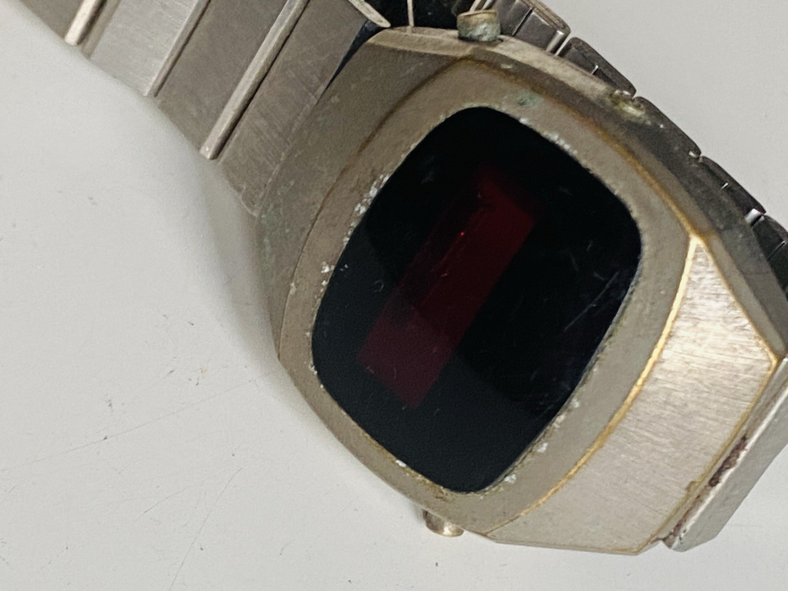 VINTAGE LED WATCH PARTS 1970s Silver Red Glass Frame and Strap Only NO INSIDES