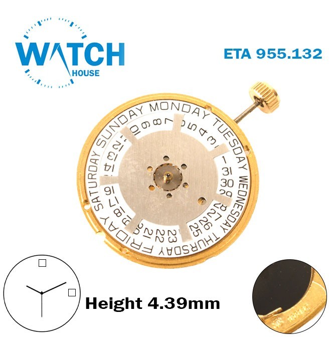 ETA 955.132 Swiss Made Movement-White Day At 12 &Date Disk At 3-H:4.39mm-3 Hands