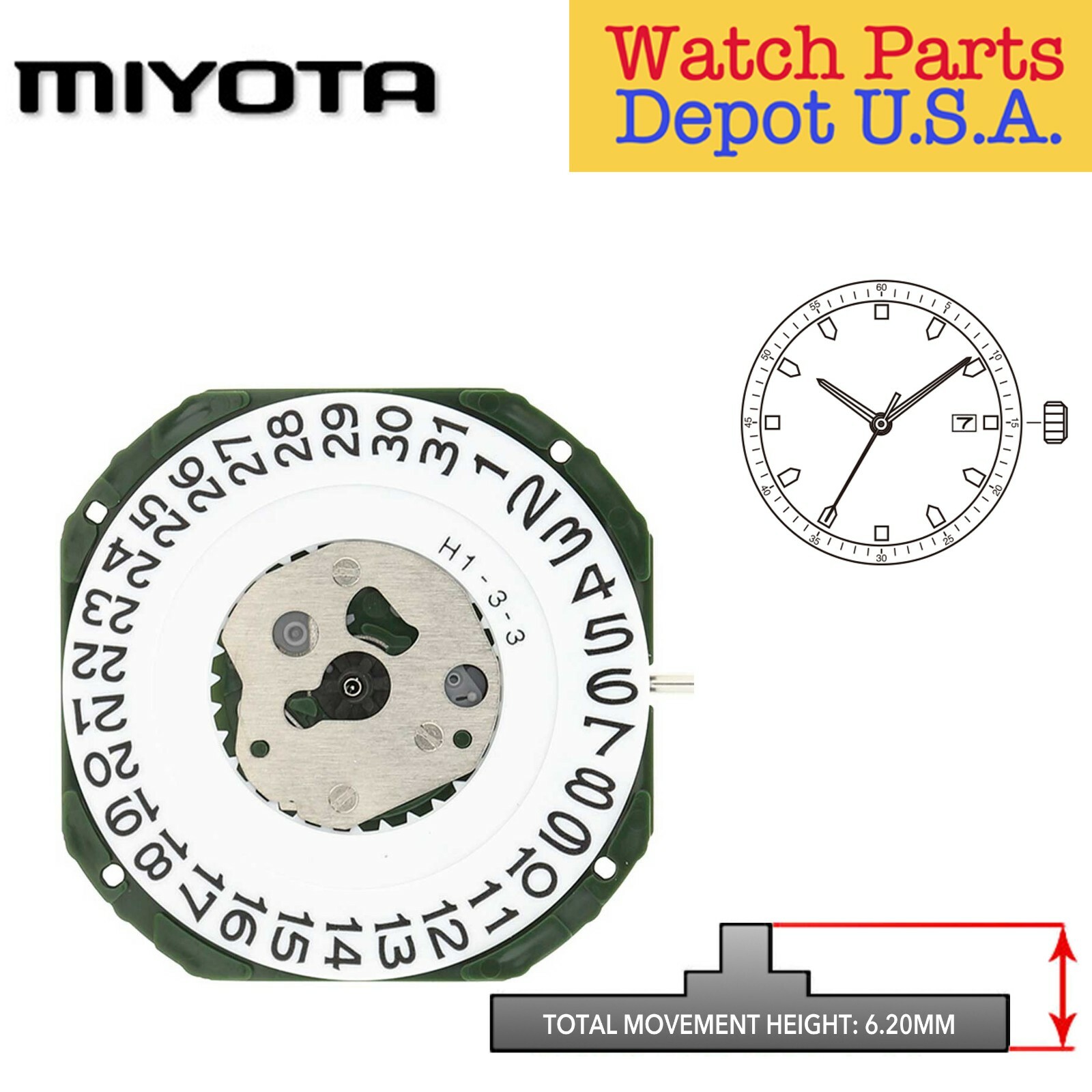 Original Miyota 2317 Japan Quartz Movement, 3 Hands, Date at 3 NEW!