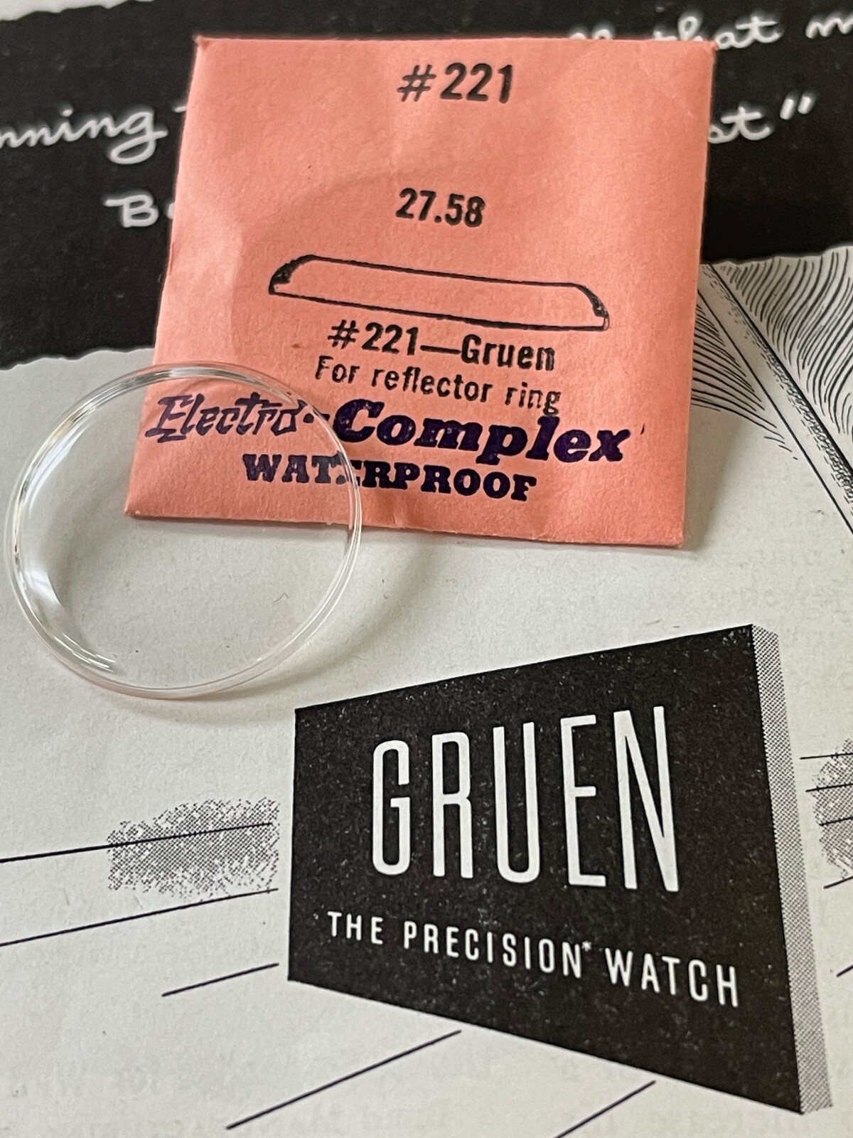 Vintage Gruen waterproof acrylic watch crystal 27.58mm Electro-Complex part 221