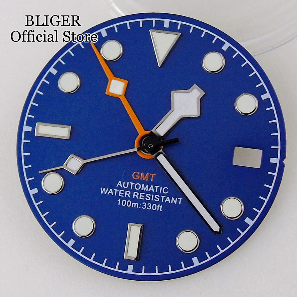 Luminous Black White Blue NH34A 29mm Watch Dial Face Date Window fit NH34 GMT