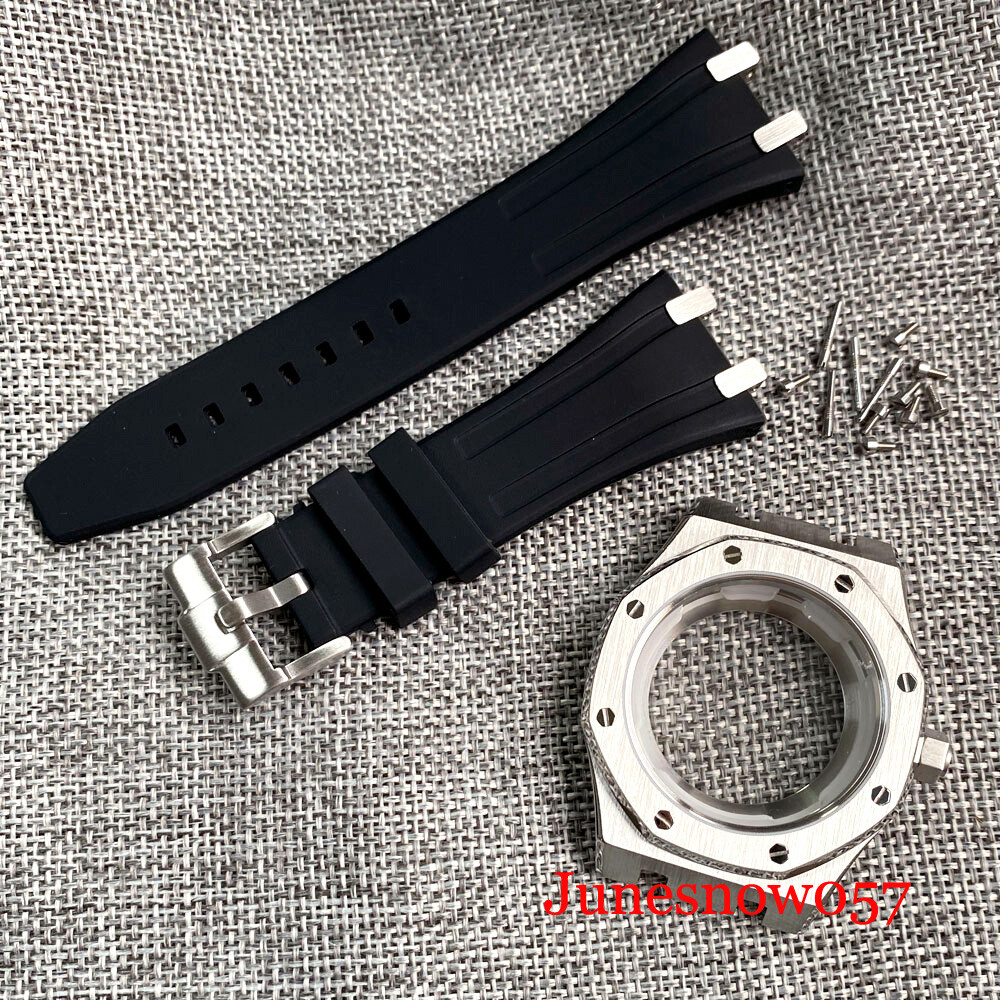 42MM Brushed Sliver Watch Case Rubber Strap Fit NH35 NH36 SKX SRP Sapphire Glass