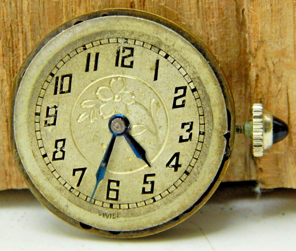 Vintage ARGO 6 jewel 2 adjustment 8/0s watch movement with dial hands and crown
