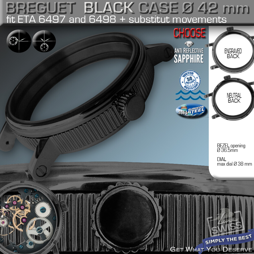 WATCH CASE BREGUET, 42 MM, BLACK PVD, SAPPHIRE C, MOVM. ETA 6497, 6498, DB6, DB9