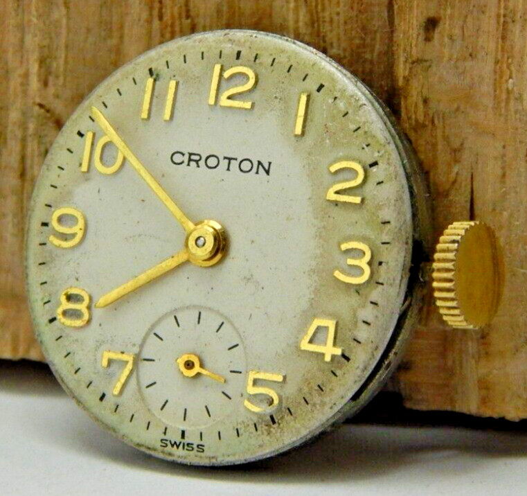 Vintage Croton 17 jewel X398 A596 wrist watch movement with dial hands & crown