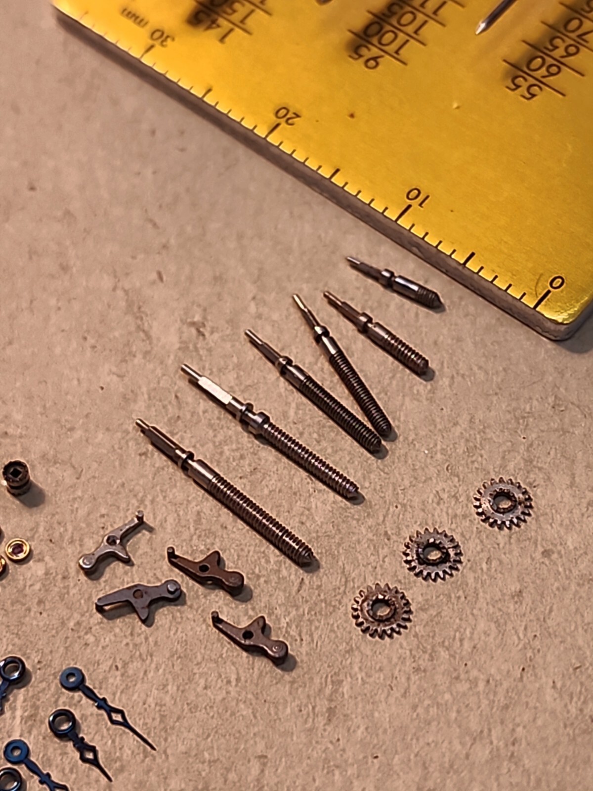 Lot Of NOS Elgin 21/0 Mixed Parts-Stems, Balance Staffs, Jewels, Hands, Etc