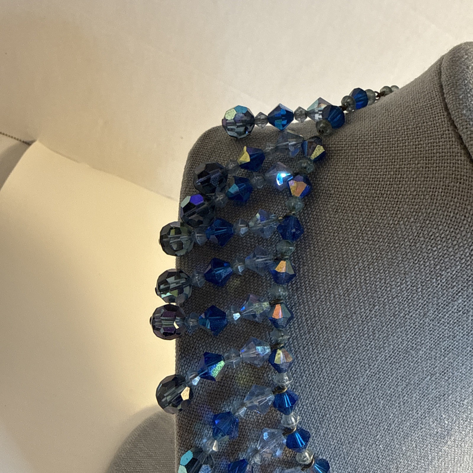 Vintage Blue Glass Or Crystal Borealis Choker Necklace Beautiful 15” 50s