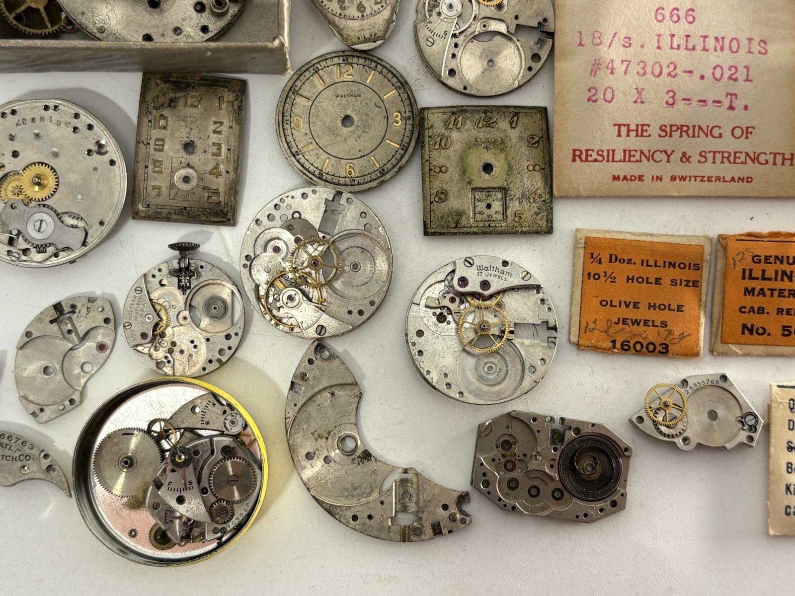 Lot of Vintage Watchmaking Watch Movements, Faces and Crowns for Parts or Repair