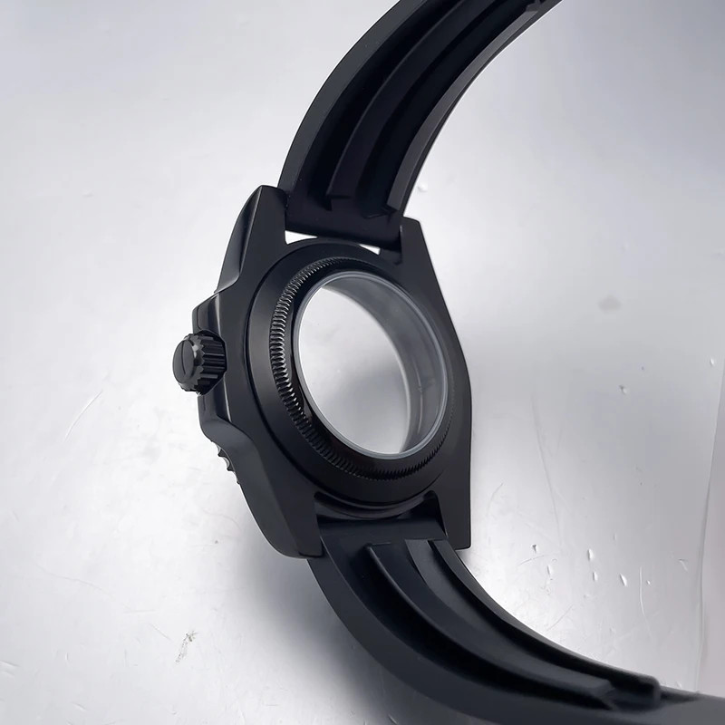 40Mm NH35 Watch Case All Black Sub Style Rubber Strap Sapphire Crystal Stainless