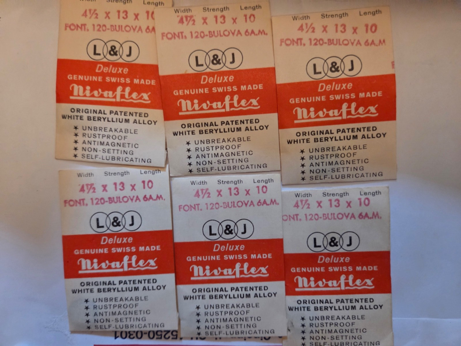 Six (6) main springs. Fits FONT (FHF) 120 & Bulova 6 AM, Original packages.