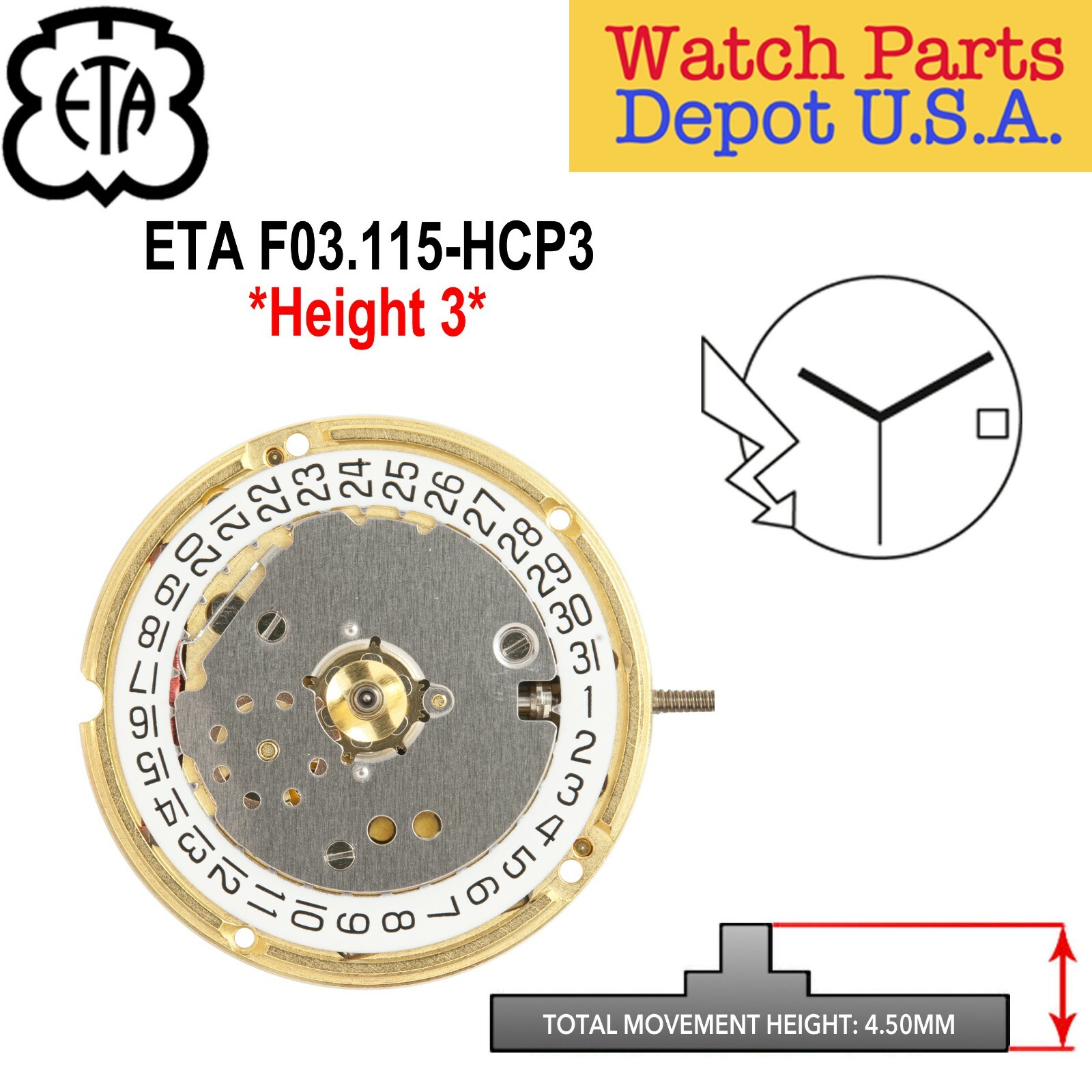 Genuine ETA F03.115 Swiss Made Quartz Movement, 3 Hands, Date at 3, Height 3