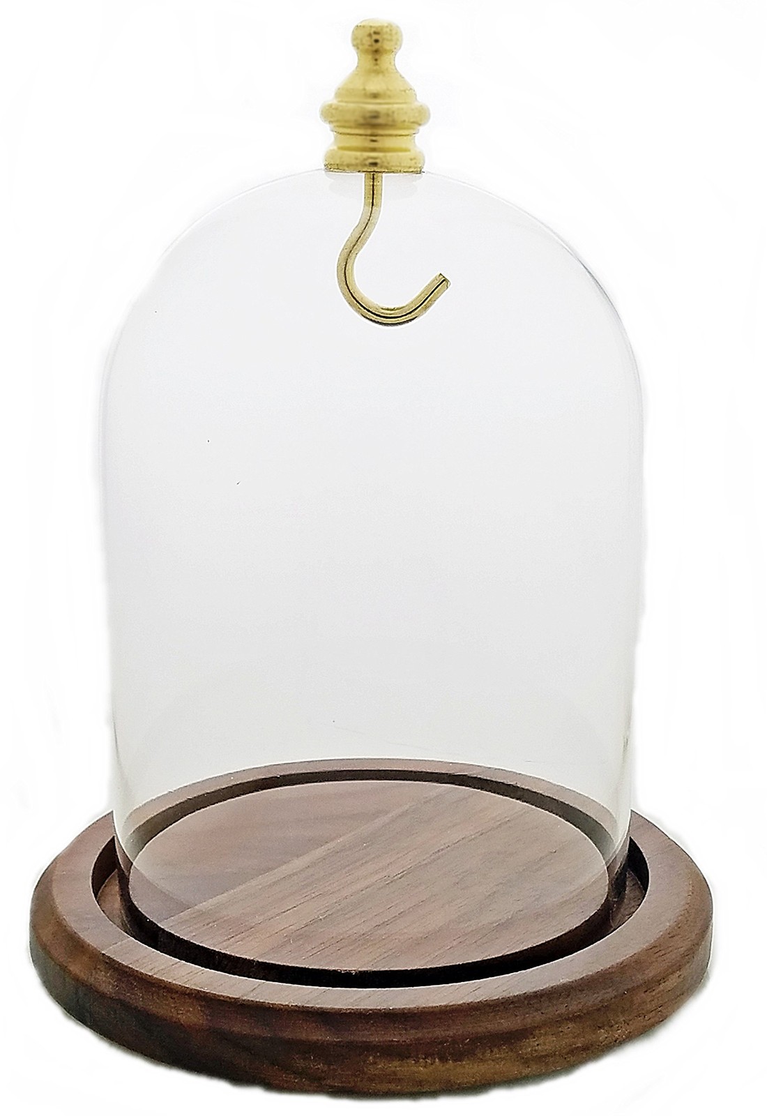 Glass Display Dome for Pocket Watch with Walnut Base and Metal Hook 5 Inches