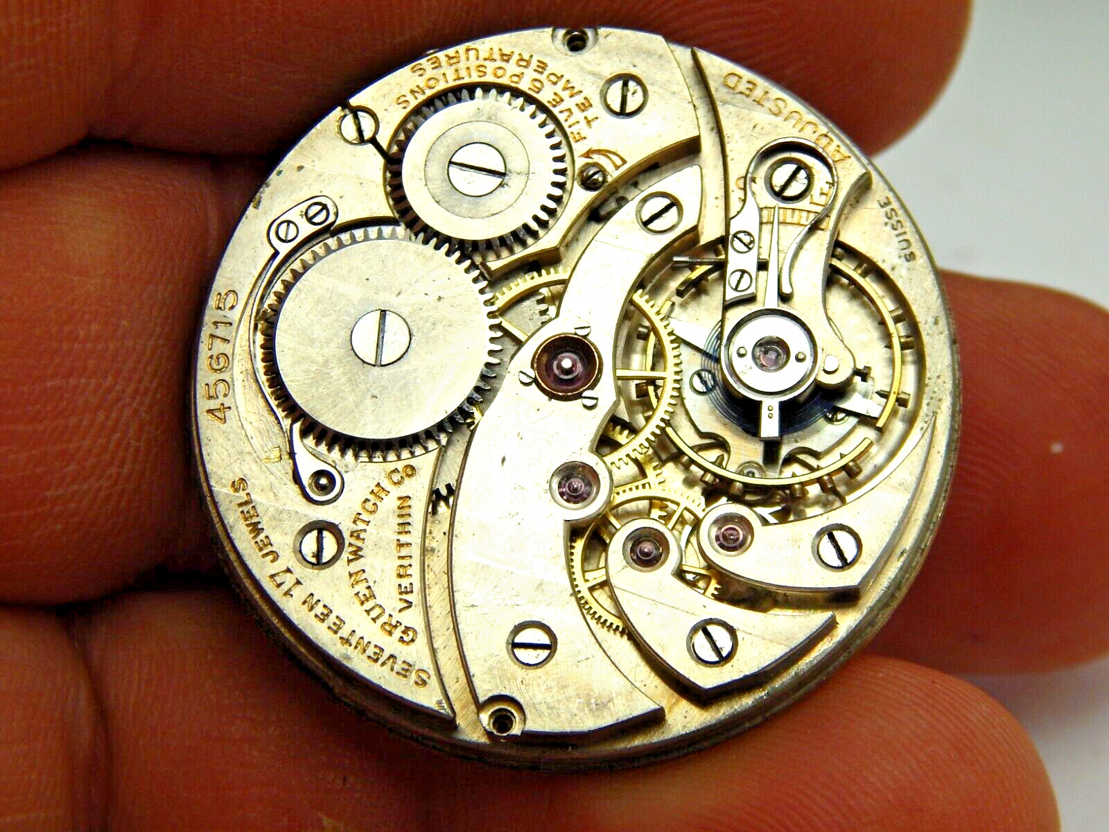 Antique Pocket watch movement Swiss Gruen High Grade 17 jewel ADJ 5 pos & Temp