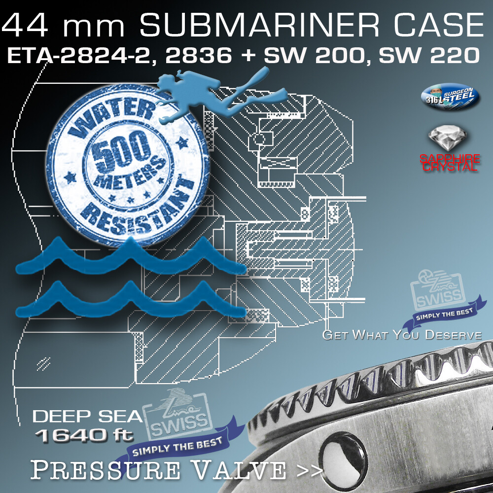 SET: CASE SUBMARINE 500M,1640 FT, ST-STEEL, DIAL/HANDS/BAND, FIT ETA2824/SW200