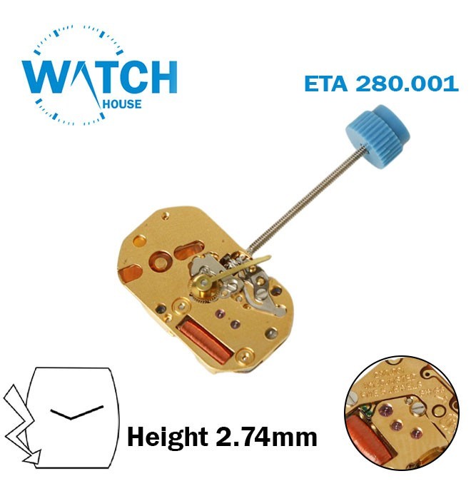 ETA 280.001 Swiss Made Watch Movement, 2 Hands, H:2.74mm.