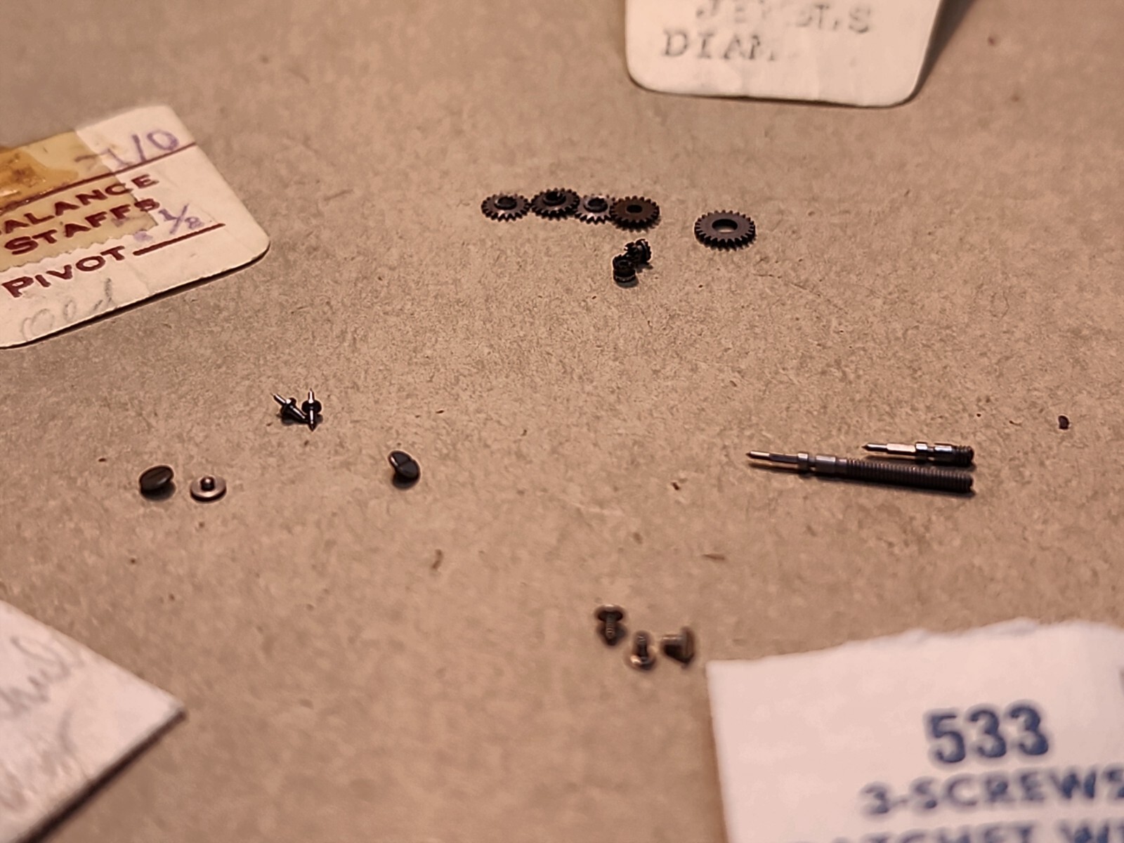 Lot Of NOS Elgin 21/0 Mixed Parts-Balance Staffs, Roller Jewel, Stem, Screws,