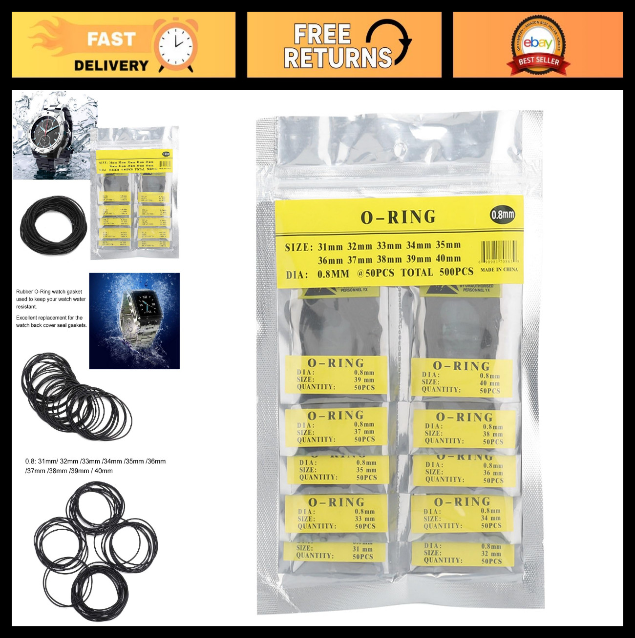 500pcs Waterproof Rubber Watch Gasket O-Ring Assortment Kit | 0.8mm Washers for