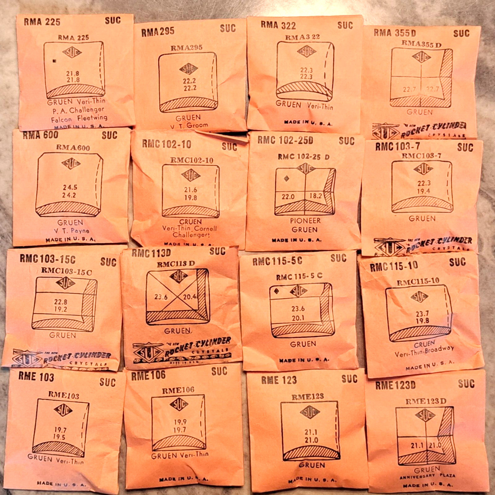 GRUEN WATCH CRYSTALS NOS – SUC BRAND many varieties (RA to RMN) page 1 0f 3