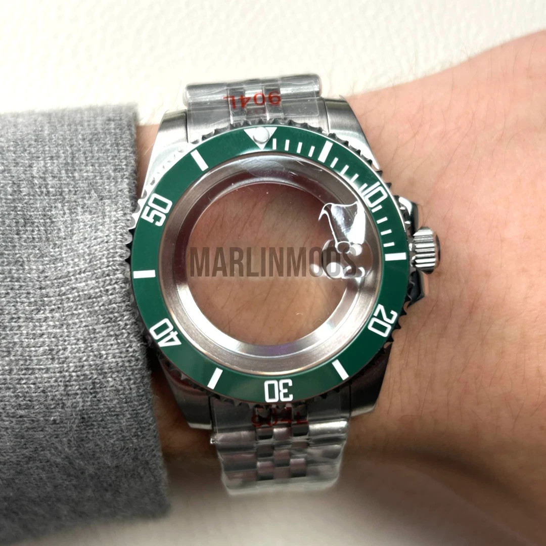 Silver 20ATM Diver Ceramic Green Bezel Watch Mod Case Strap Mod Fits NH34 NH35