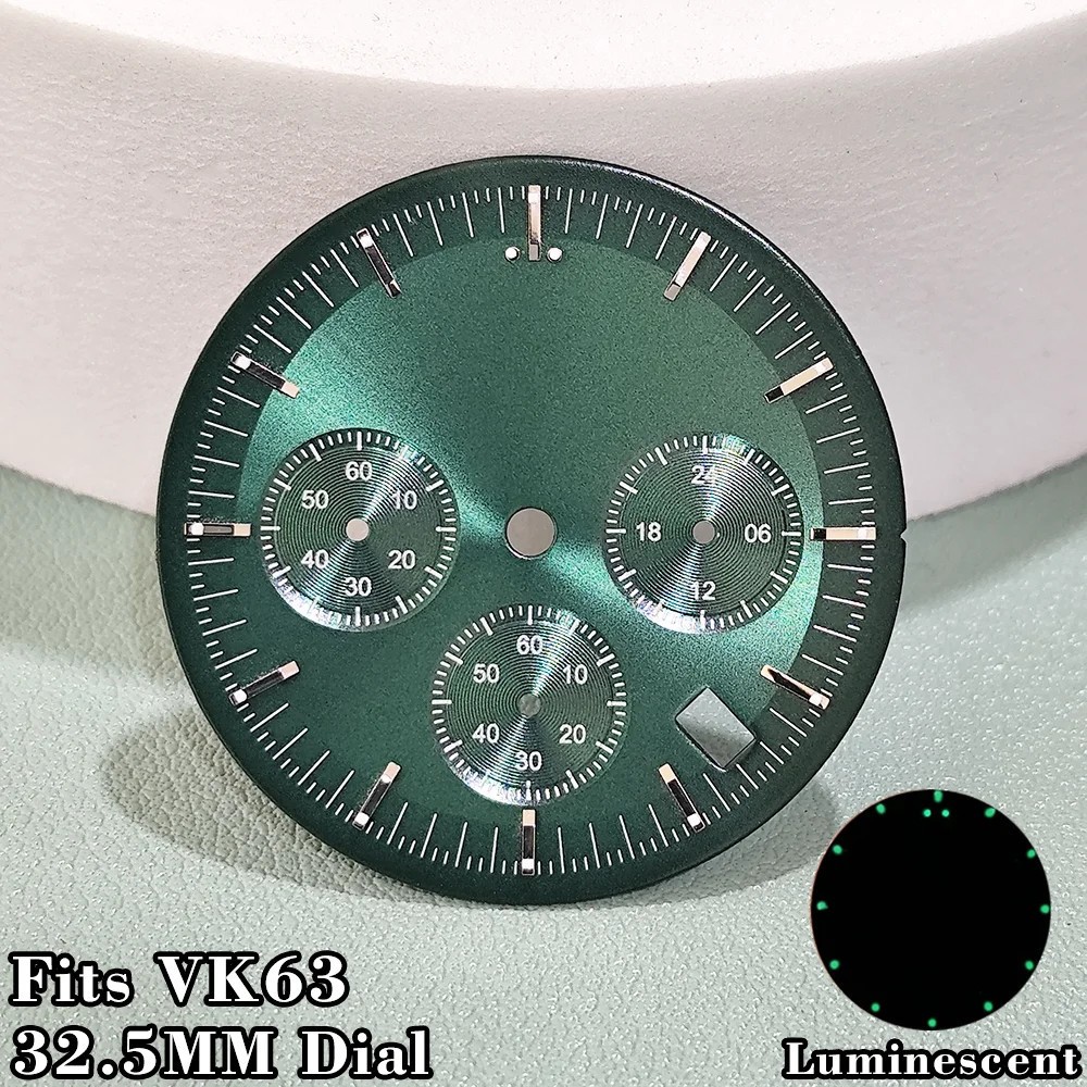 32.5mm Green Luminous Dial For VK63 Movement Modified Repair Parts