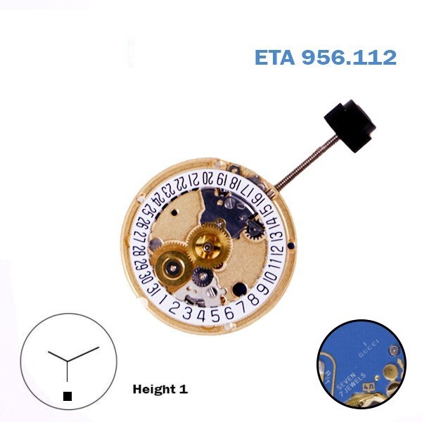 ETA 956.112 Gucci-1 Swiss Made Watch Movement, White Date Disk at 6, Height 1.