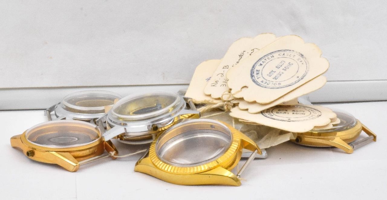 9 different NEW Screw back ‘Golden Time” Watch cases ALL MEN’S SIZES W/ CRYSTALS