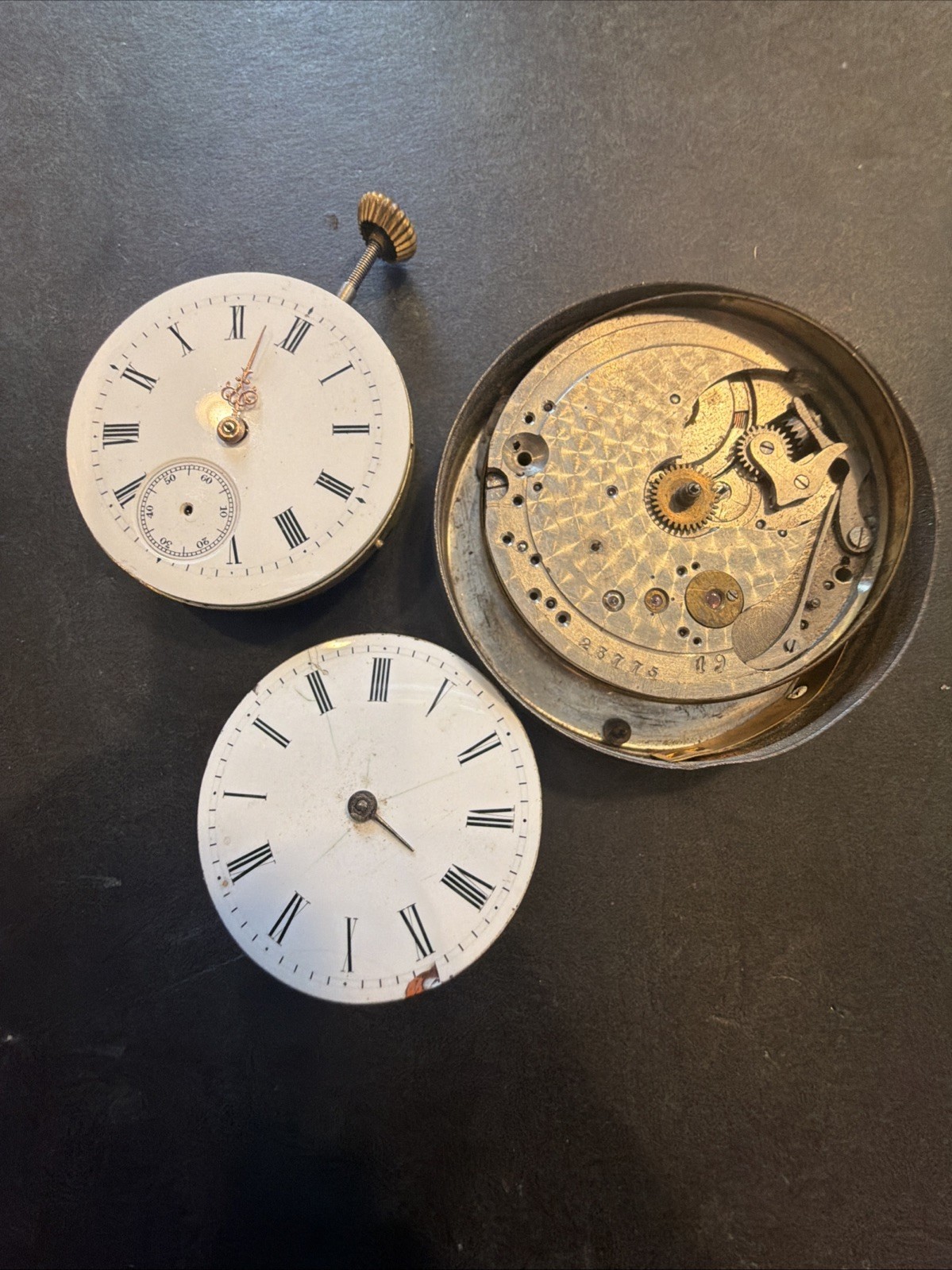 AI97 VTG Lot Of 3 Pocket Watch Movements-Dials All Untested Parts-Repair As Is**
