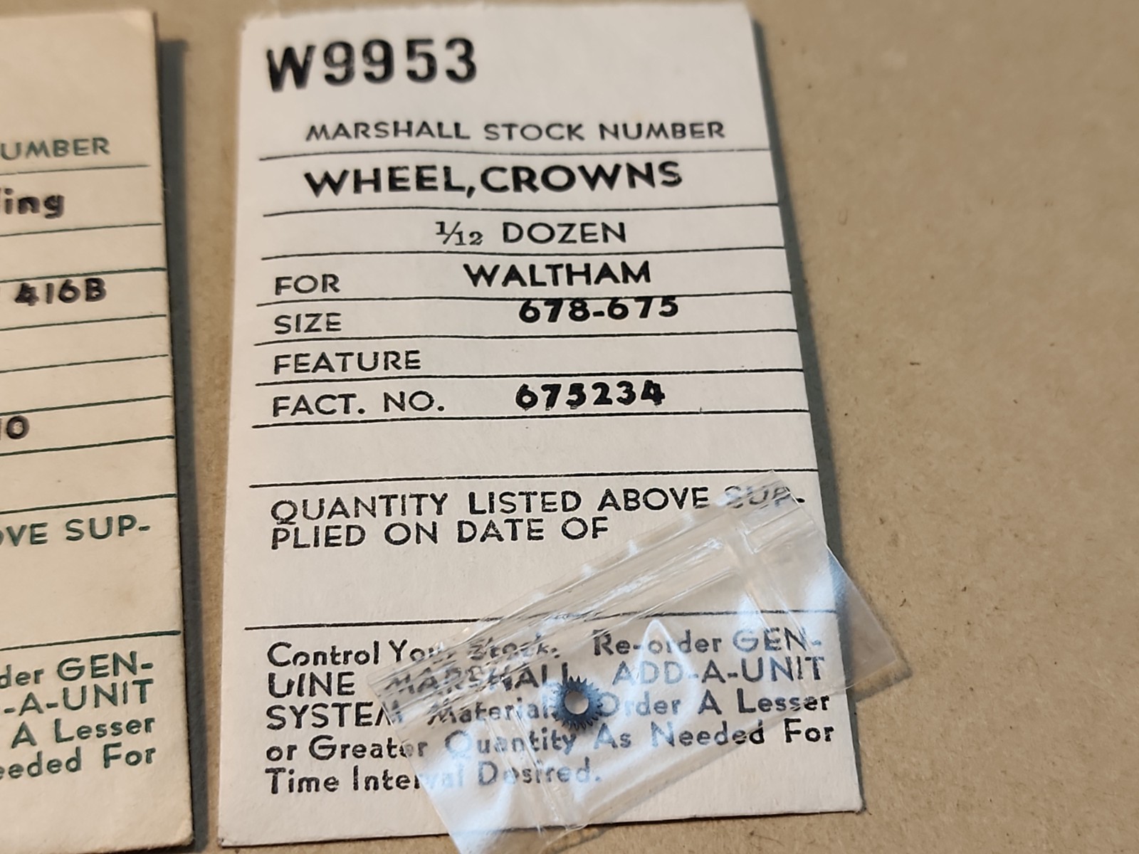 NOS Waltham 678 Winding Arbor, Winding Pinion & 678-675 Crown Wheel