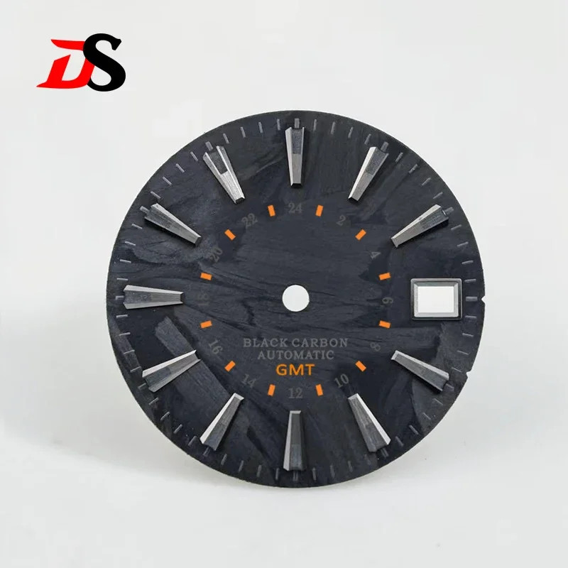 Black Carbon Fiber Dial 28.5mm NH35 Dial Black Black Lume Bar Index NH34 GMT