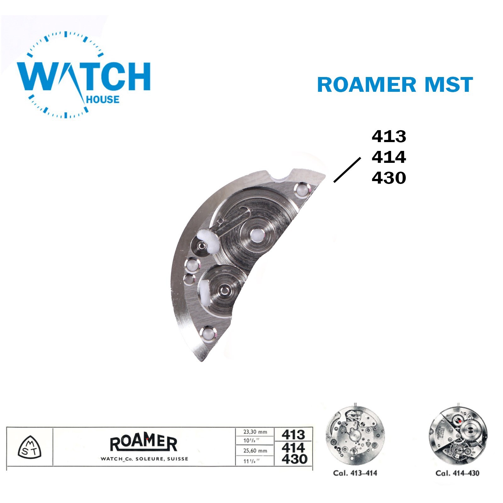 ROAMER MST 413 or 414 or 430 Swiss Spare Parts, Silver Color.