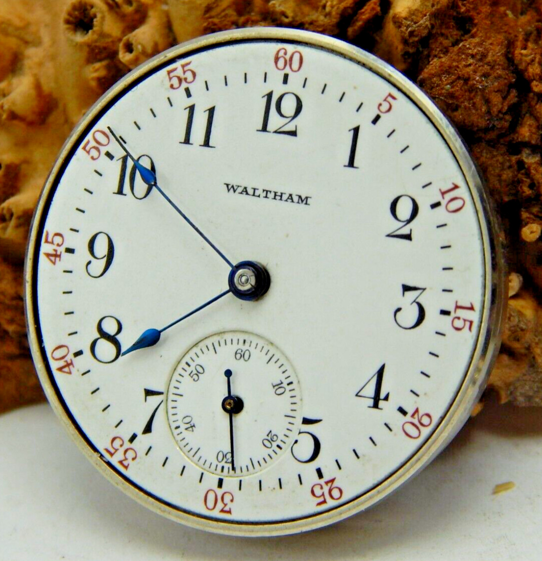 Antique Pocket Watch Movement 1908 Waltham 110 0s 7 jewel open face with dial