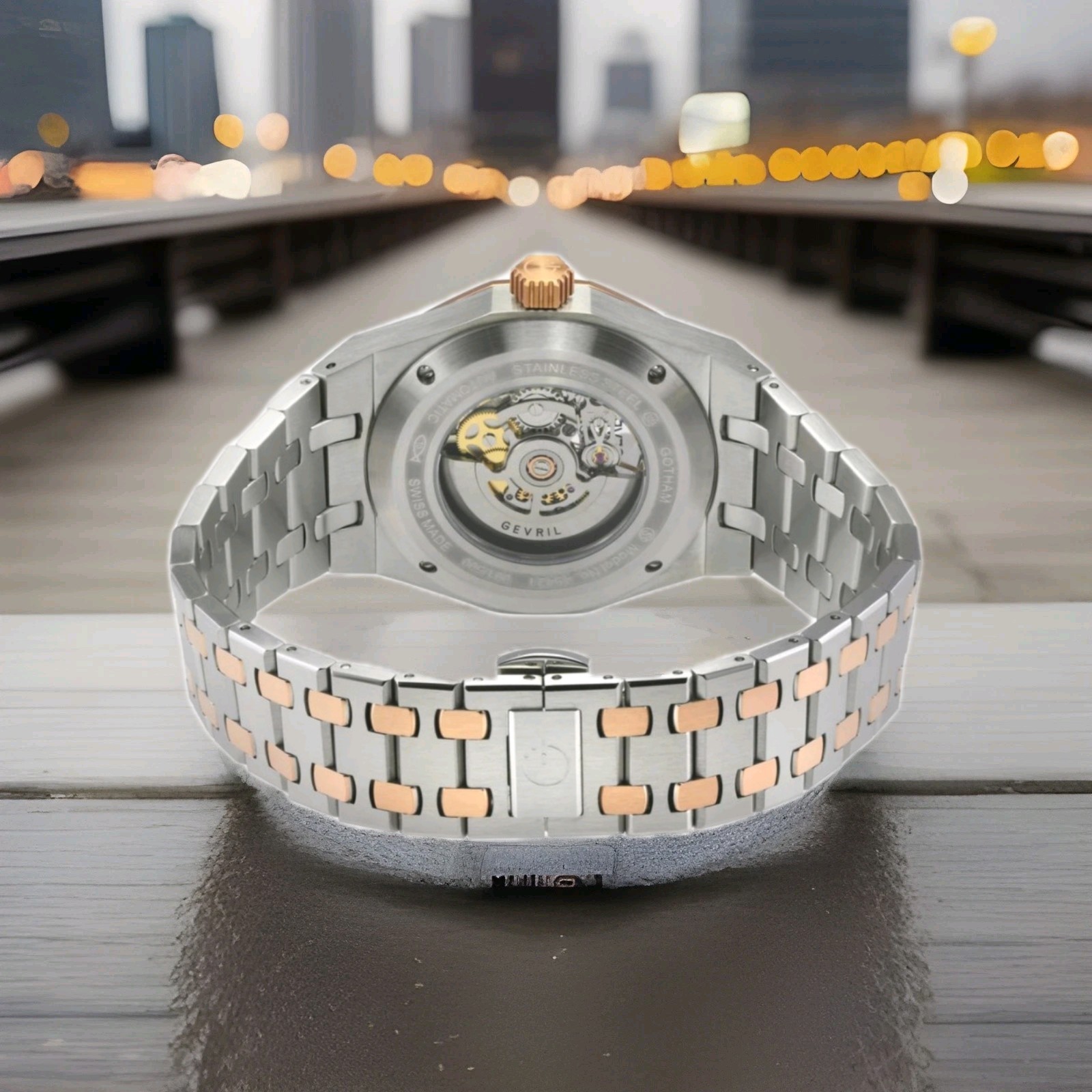 Gervil Gotham Series Skelton Watch (Rose & Silver *NIB)