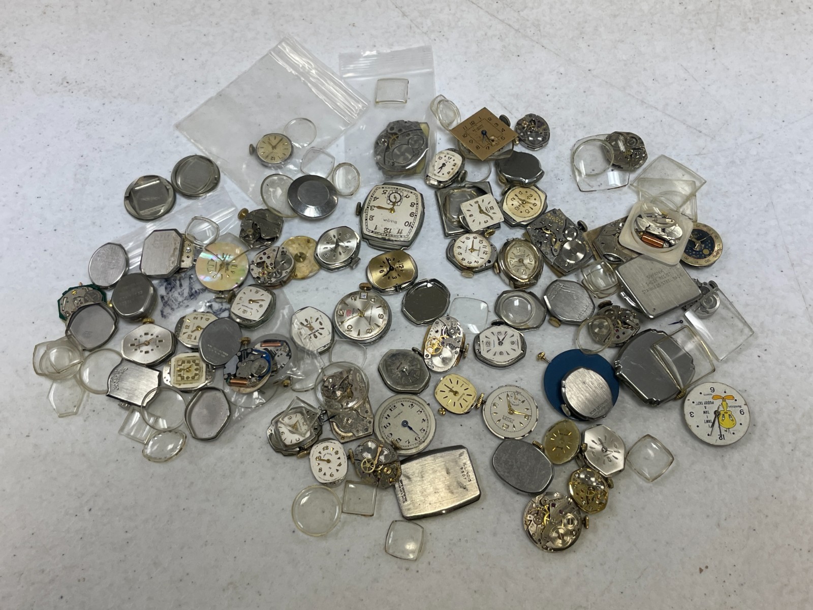 Vintage Watch Repair Parts Lot Movements Cases Dials Crystals Bulova Elgin Craft