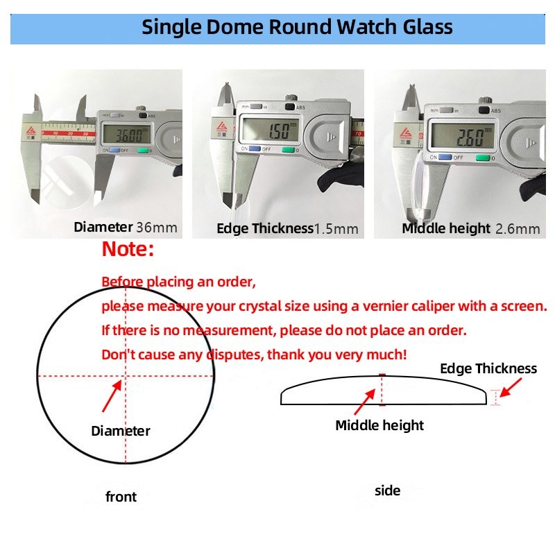 1.0mm 1.2mm 1.5mm Single Dome Sapphire Watch Glass Round Crystal 18mm-40mm
