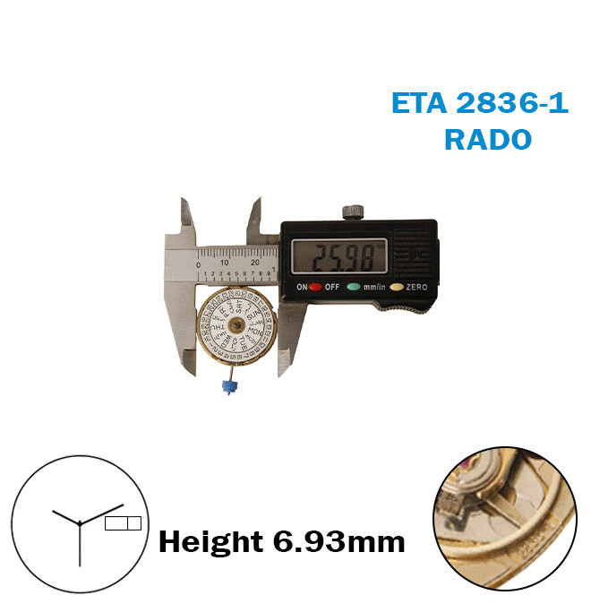ETA 2836-1-RADO-Automatic Movement-H:6.93mm-White EN/AR Day&Date Disk At3-3Hands