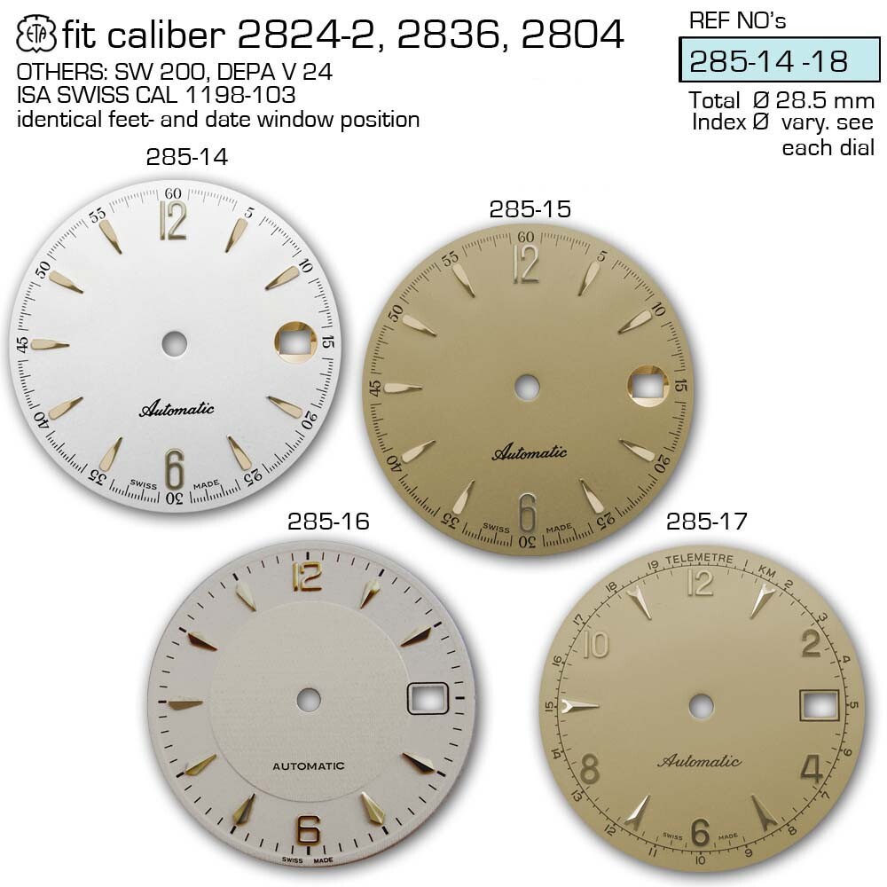 DIAL FOR MOVEMENT ETA 2824-2 or SW 200, Ø 28.5MM, different colors 285.14 -17