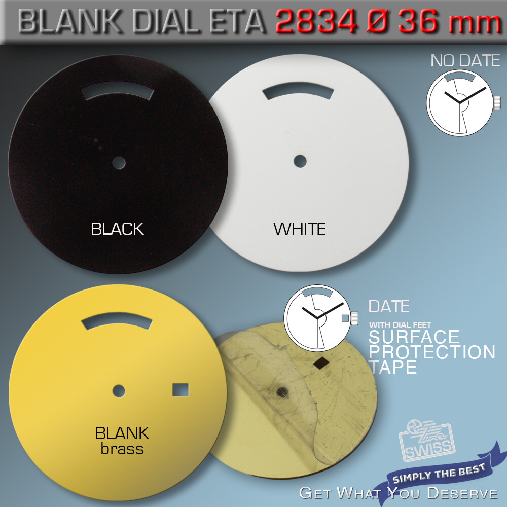 BLANK Ø 36 MM DIAL ETA 2834-2 FIT MOVEMENT AUTOMATIC, BLACK, WHITE, BLANK BRASS