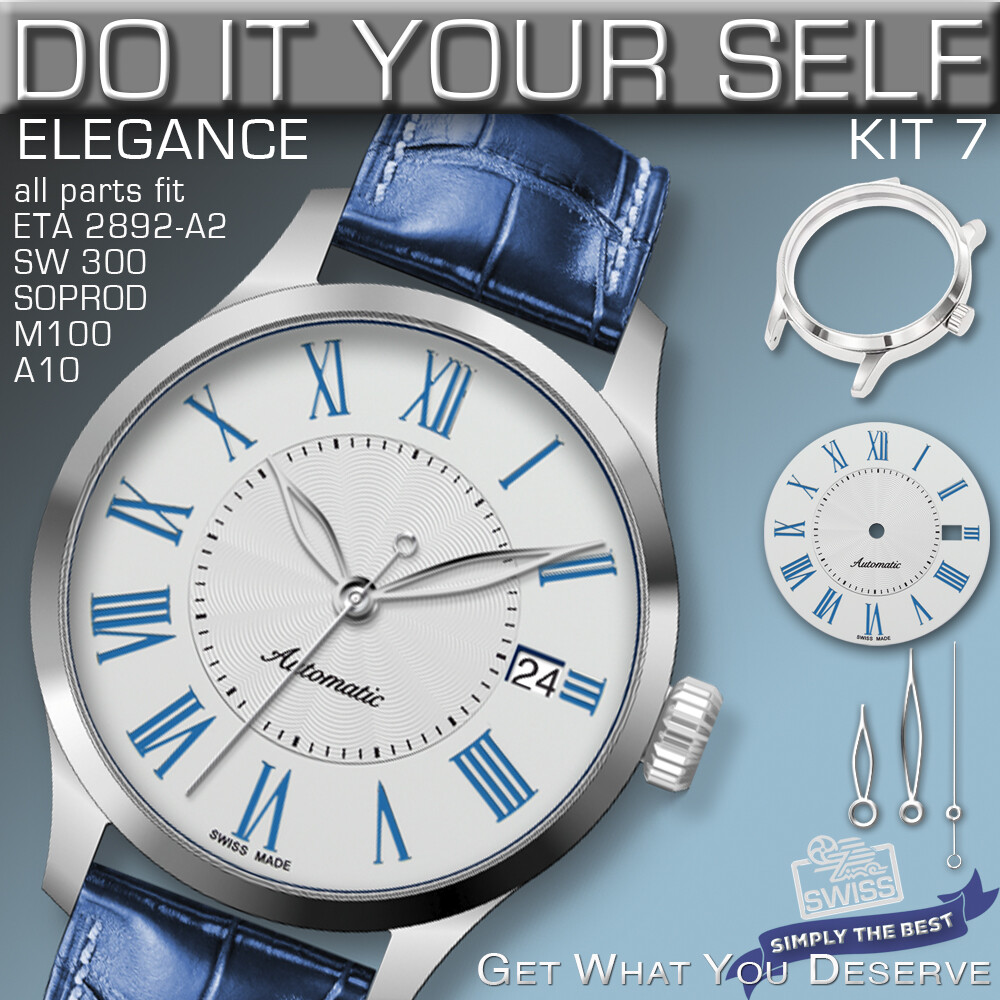 DO IT YOURSELF KIT 7: ELEGANCE CASE 34MM, DIAL, HANDS, fit ETA 2892-A2, SW300