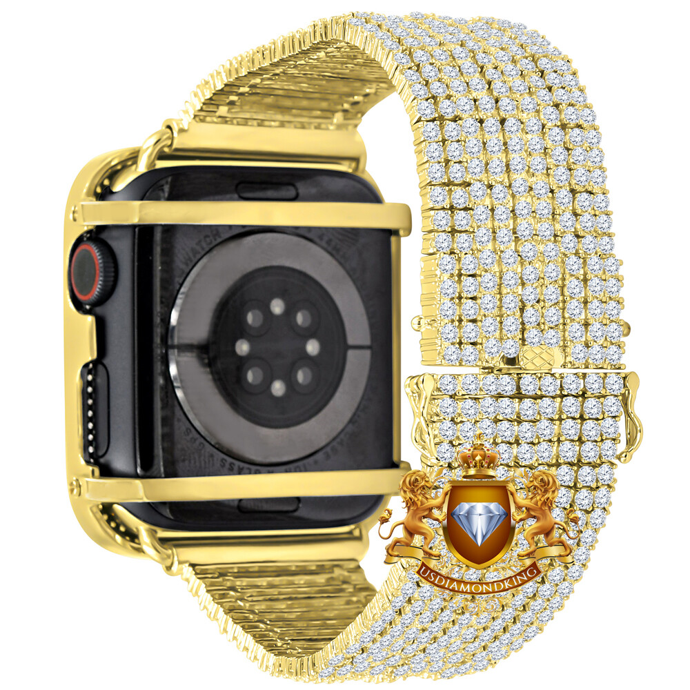 Gold Tone Apple Watch Custom Micro Pave Bezel & Band Combo Set 44mm Fit # 4,5,6