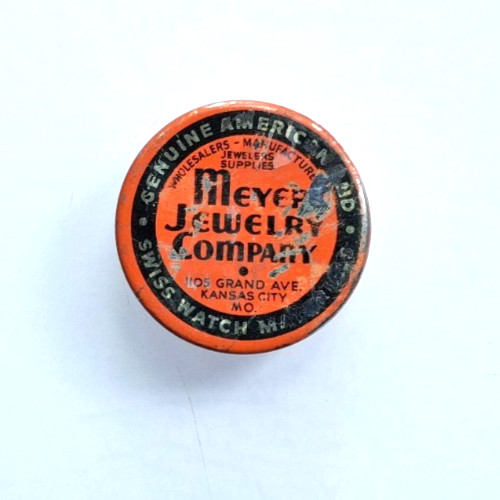 rare Meyer Jewelry Company Watch Parts Tin Advertising litho Kansa City MO 31mm