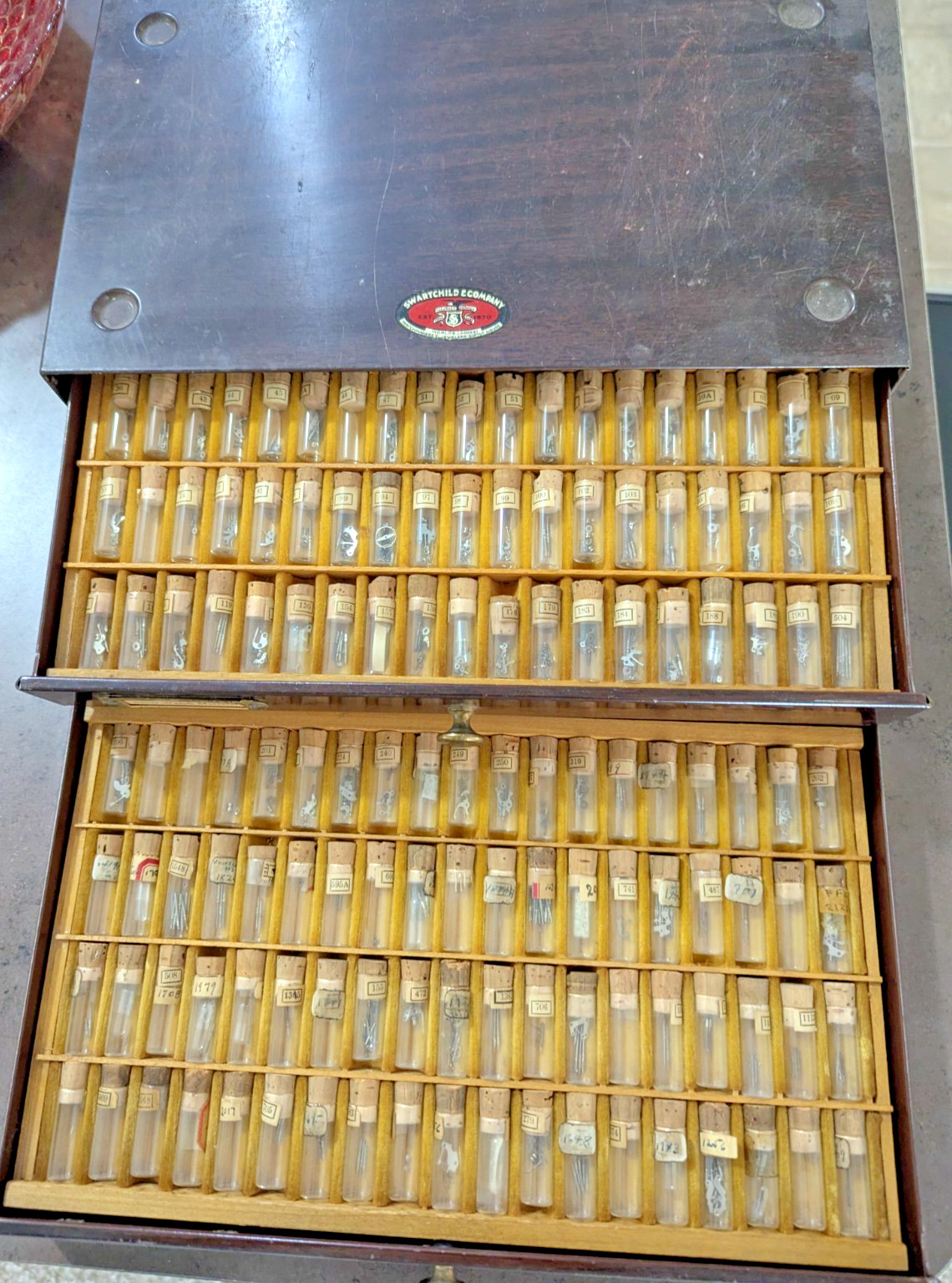 Assortment of Watch Parts – Swartchild & Company Metal Cabinet – 100s of Parts
