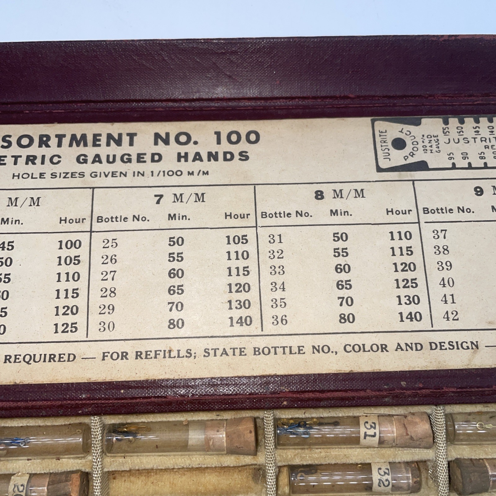 JUSTRITE Vintage Broachless Assortment #100 Metric Gauge Watch Hands