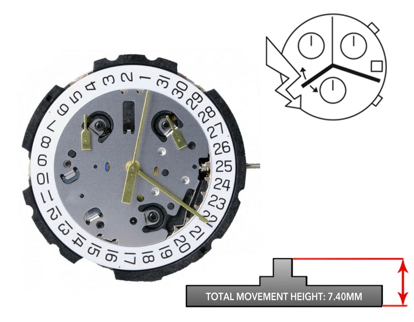 ETA G10.212, 3 Hands, Swiss Made Quartz Movement HT 7.40mm (Multiple Variations)