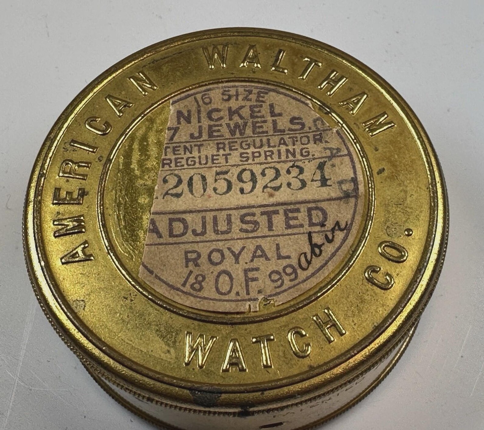 American Waltham Watch Co Brass Pocket Watch Movement Storage Tin Label Empty