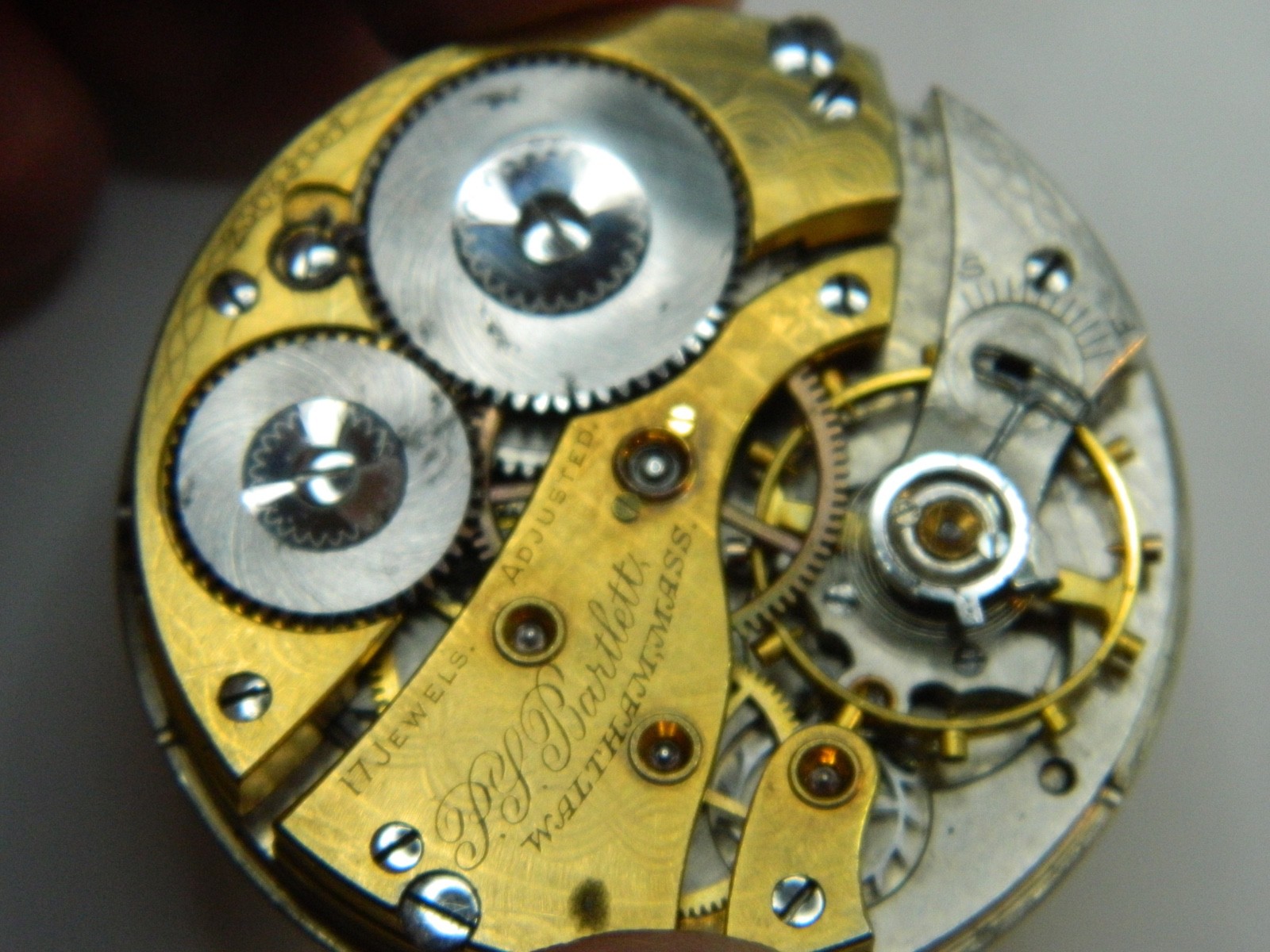 1919 WALTHAM #1908 16S PS BARTLETT GOLD FLASHED POCKET WATCH MOVEMENT – REPAIR