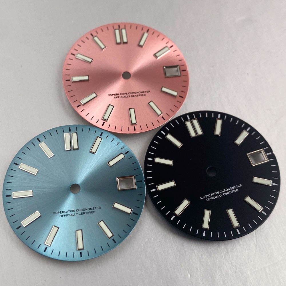 29mm NH35 Sunburst Watch Dial With Silver Baton Indexes Pink/Black/Ice blue Dial