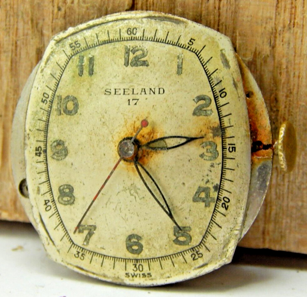 Vintage Seeland 17 jewel 6/0s men’s wrist watch movement w/ dial hands & crown